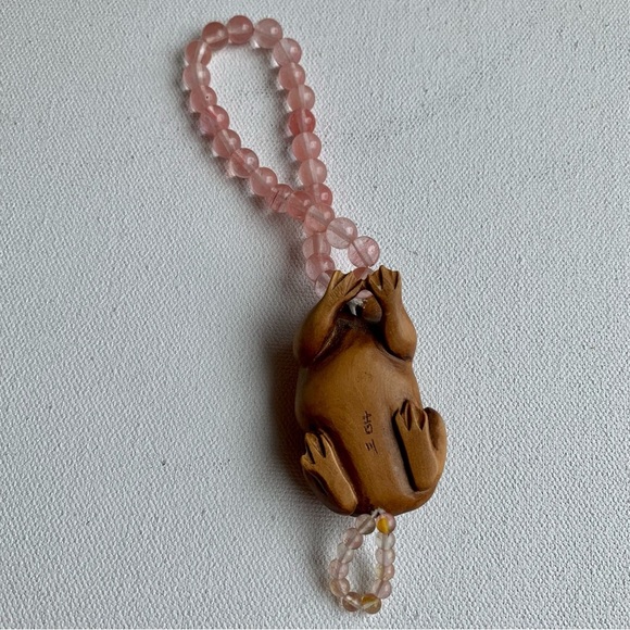Antique Vintage Japanese Carved Wood Netsuke Frog Beaded Bracelet Finger Ring - Picture 5 of 14